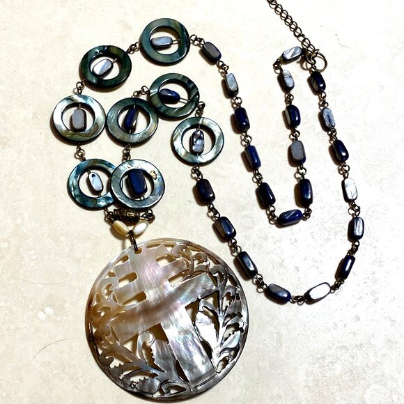 Rainbow Mother of Pearl Longevity Life Tree Pendant Bronze Link Long Necklace - Picture 1 of 12